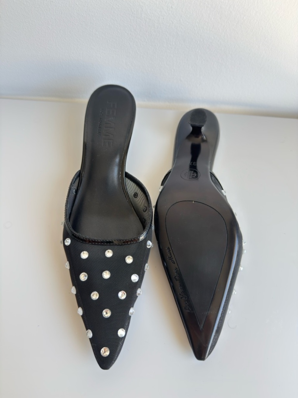 Embellished Black Pointed Slip-On Mules